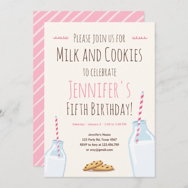 Convite Festa de aniversário de Garotas Rosa e Leite (Frente/Verso)