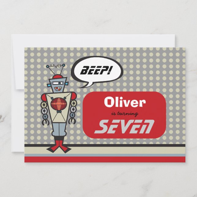 Convite Festa de aniversário de Garotos Bonitos Robôs Retr (Frente)