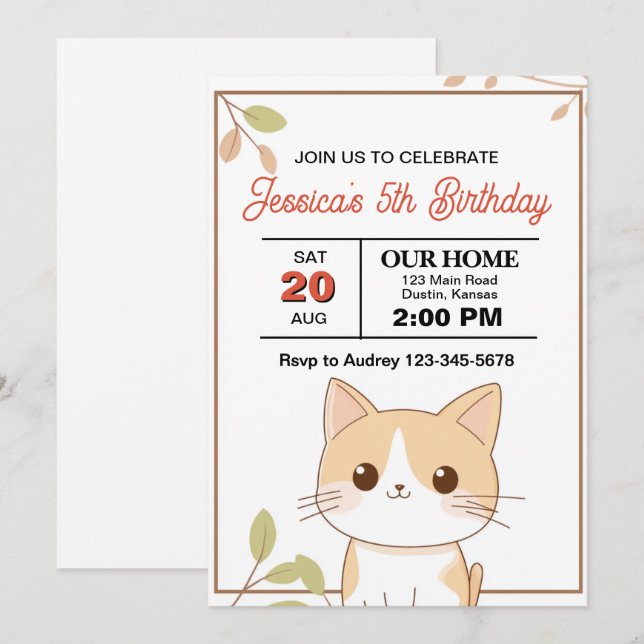 Convite Festa de aniversário de Gato de Gato e Fofinho (Frente/Verso)