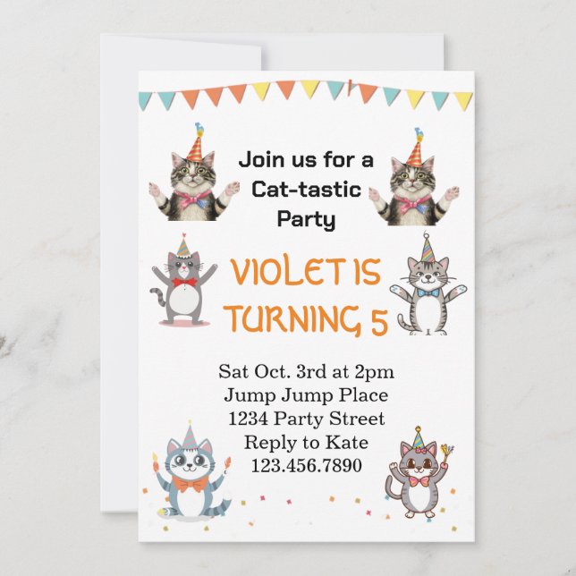Convite Festa de aniversário De Gato De Gato Tástico Com F (Frente)