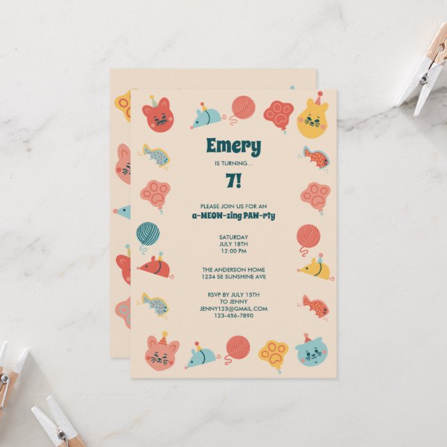 Convite Festa de aniversário de Gato Gato-Gato-Gato (Frente/Verso In Situ)