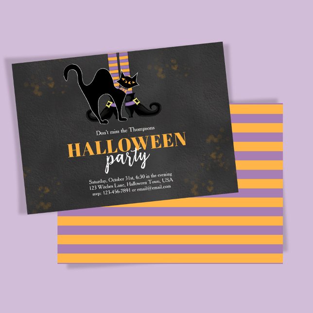 Convite Festa de aniversário de Gato Preto de Bruxa Preta  (Whimsical Halloween party invitations with witch and black cat. )