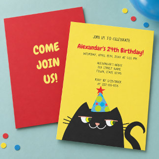 Convite Festa de Aniversário de Gato Preto Engraçado