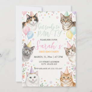 Convite Festa de Aniversário de Gatos Adoráveis em Aquarel