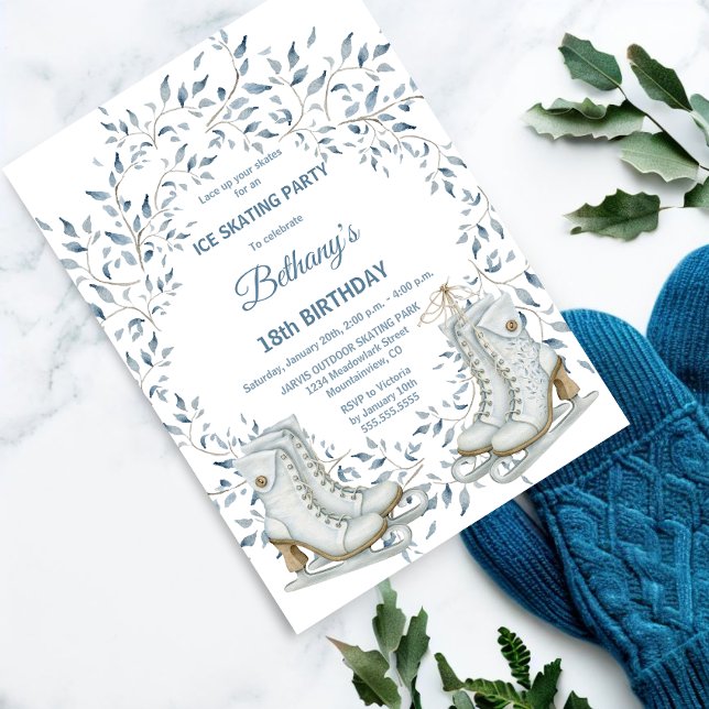 Convite Festa de aniversário de gelo elegante (Elegant and classy ice skating party invitation.)