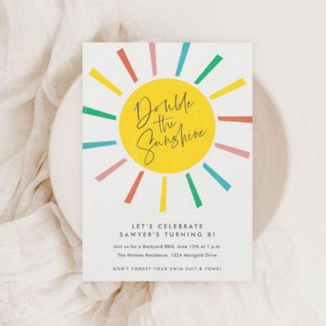 Convite Festa de aniversário de Gêmeos do Rainbow Sun Scri (Modern Colorful Sun Twins Kids Birthday Party Invitations.)