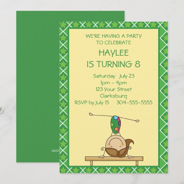 Convite Festa de aniversário de Ginástica de Figura Verde  (Frente/Verso)