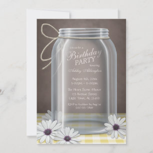 Convite Festa de aniversário de Gingham Amarelo Mason Jar