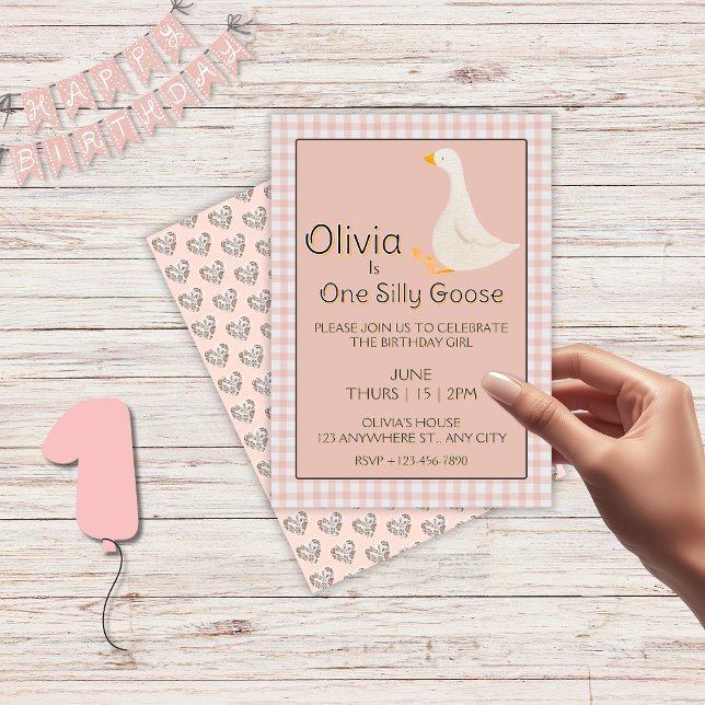Convite Festa de aniversário de Gingham, Rosa, ganso-ganso (One Silly Goose Pink Gingham Girl's Birthday Party Invitation)