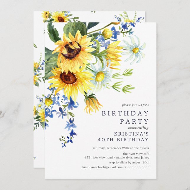 Convite Festa de aniversário de girassol amarelo alegre (Frente/Verso)