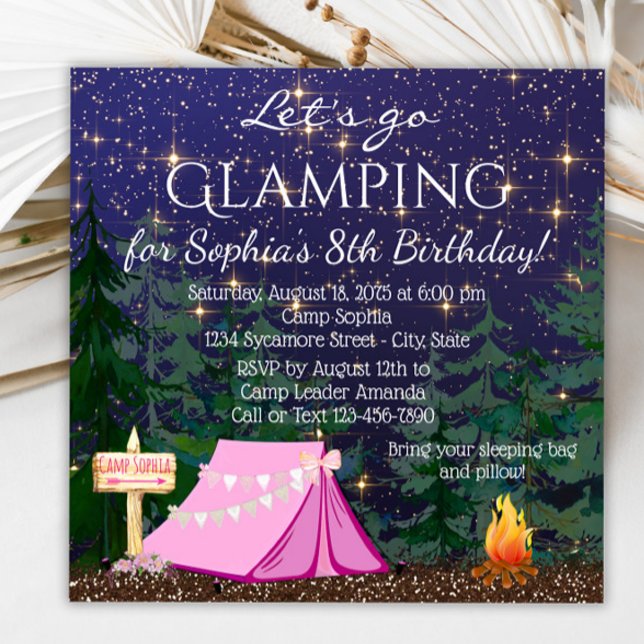 Convite Festa de Aniversário de Glamping para Meninas (Glamping invitation with cute tent and campfire. Glamping invitation for any event. )