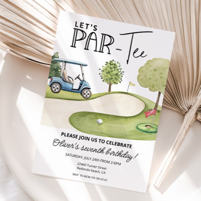 Convite Festa de aniversário de golfe Cute Let's Par-Tee,  (Golf birthday invitation, Let's par-tee, any age, watercolor illustrations)