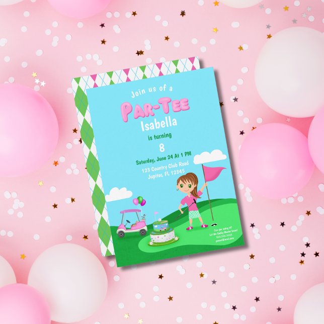 Convite Festa de Aniversário de Golfe da Menina Chibi Par- (Criador carregado)