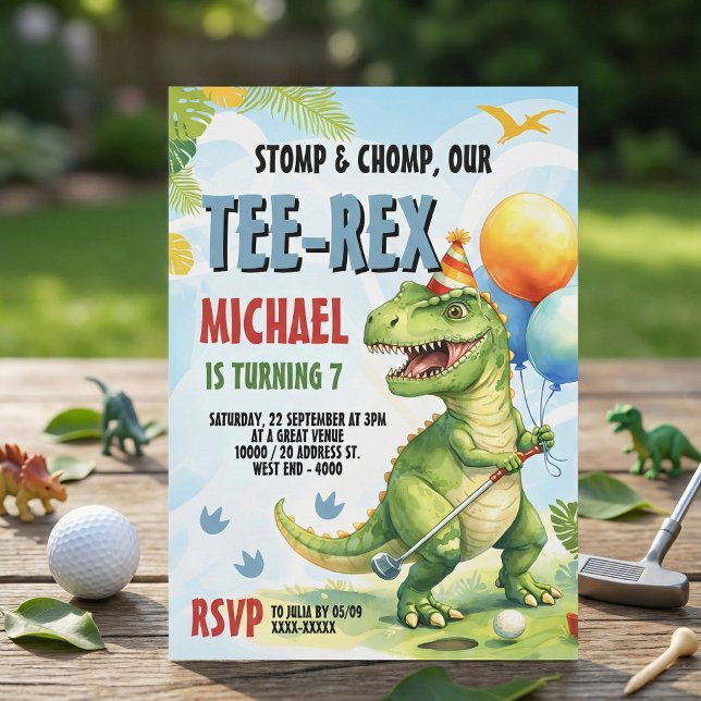 Convite Festa de Aniversário de Golfe Miniatura Tee-Rex Di (Swing into action with this adorable "Tee-Rex" golf birthday party invitation! )