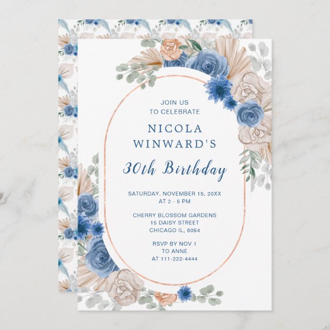 Convite Festa de aniversário de Grass Boho Pampas Azul (Frente/Verso)