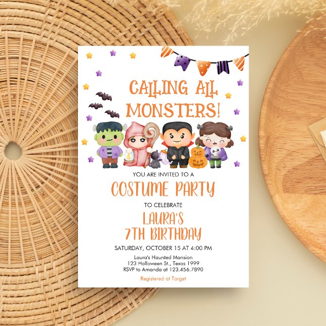 Convite Festa de Aniversário de Halloween Chamada de Todos (Calling All Monsters Spooktacular Halloween Costume Birthday Party Invitation)