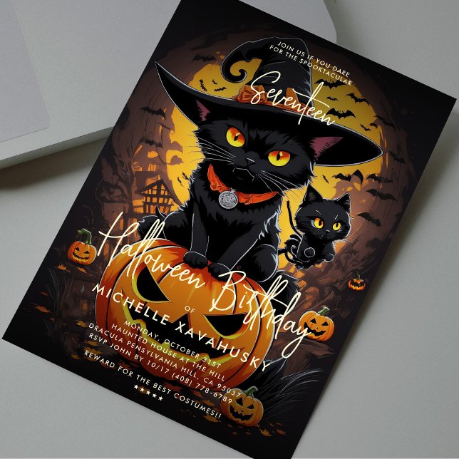 Convite Festa de aniversário de Halloween de Bruxas Negra  (Gothic Cute Cat Witch Halloween Birthday Party Invitation
)