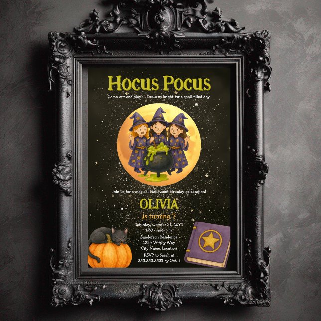 Convite Festa de aniversário de Halloween do Pocus (Three witches Hocus Pocus child's costume Halloween birthday party invitation)