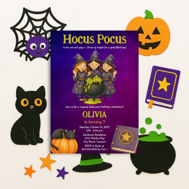 Convite Festa de aniversário de Halloween do Pocus (Three little witches Hocus Pocus Halloween birthday party invite)