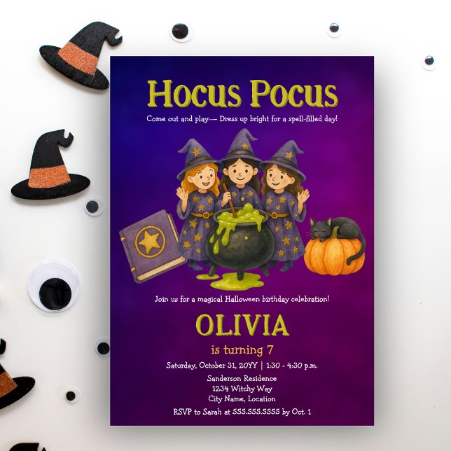 Convite Festa de aniversário de Halloween do Pocus (Cut little witches October Halloween birthday costume party invitation)
