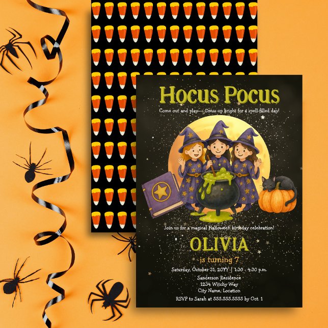 Convite Festa de aniversário de Halloween do Pocus (Hocus Pocus three little witches Halloween birthday party invitation in situ.)