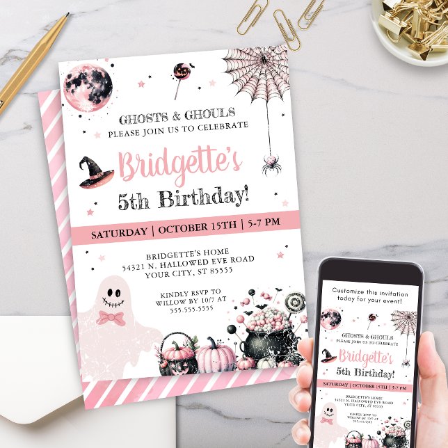 Convite Festa de aniversário de Halloween para Crianças Fa (Fun pink Halloween birthday party invitations for little girls any girl birthday party invite)