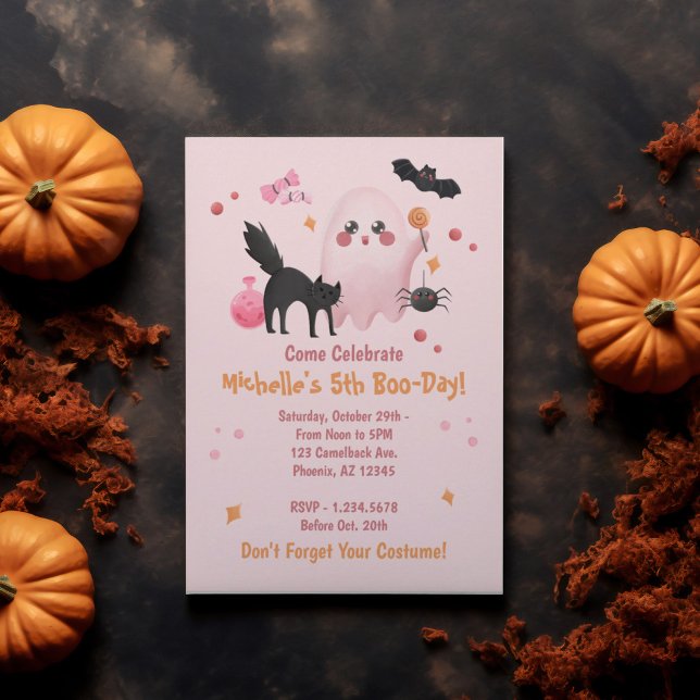 Convite Festa de aniversário de Halloween rosa e bonito (Cute Pink Halloween Birthday Party Invitation)