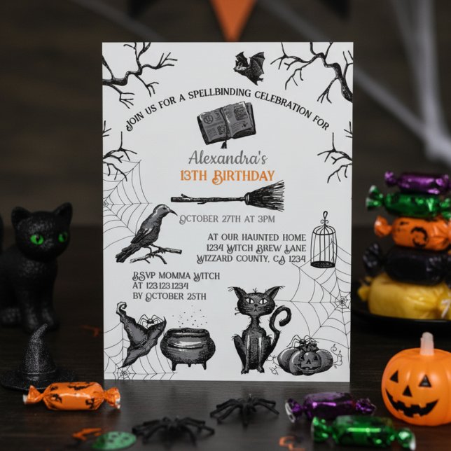Convite Festa de aniversário de Halloween Spellbinding Spo (Spooky Halloween Birthday Invitation in Orange and Black for Kids. Scary Pumpkin, Cat, Raven, Bats)