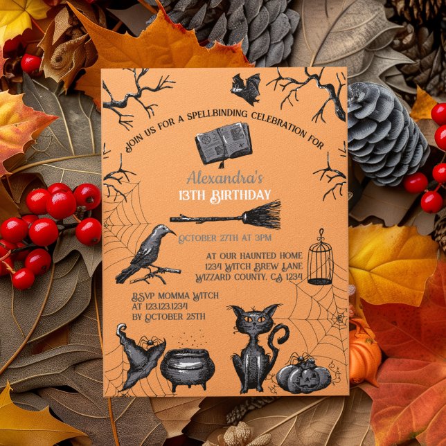Convite Festa de aniversário de Halloween Spellbinding Spo (Spooky Kids Halloween Party Invitation. Creepy Bats, Webs, Black Cat, Cauldron, Black Raven, Pumpkin)