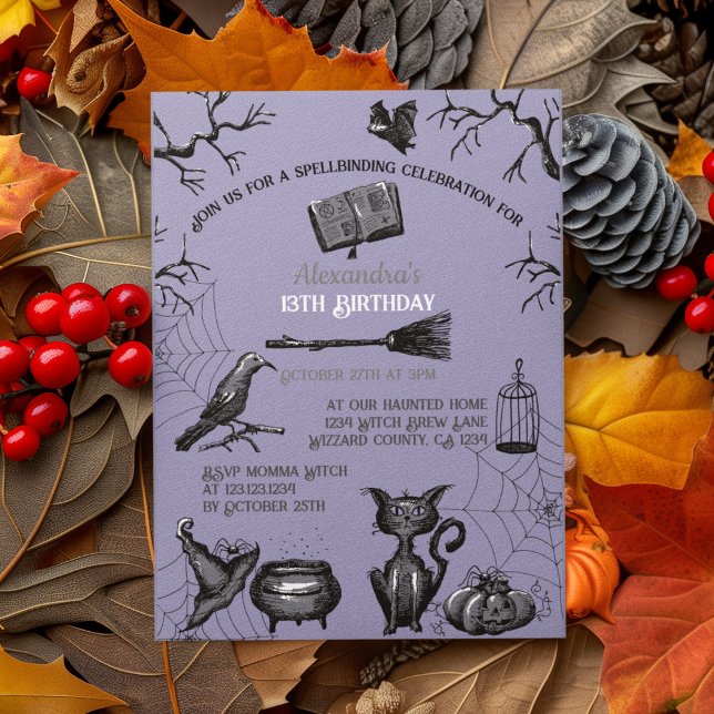 Convite Festa de aniversário de Halloween Spellbinding Spo (Spooky Kids Halloween Party Invitation. Creepy Bats, Webs, Black Cat, Cauldron, Black Raven, Pumpkin)
