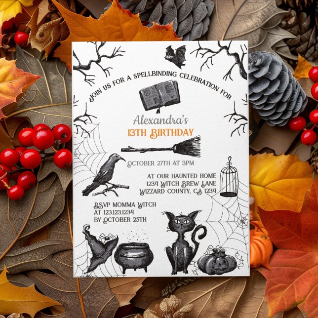 Convite Festa de aniversário de Halloween Spellbinding Spo (Spooky Kids Halloween Party Invitation. Creepy Bats, Webs, Black Cat, Cauldron, Black Raven, Pumpkin)