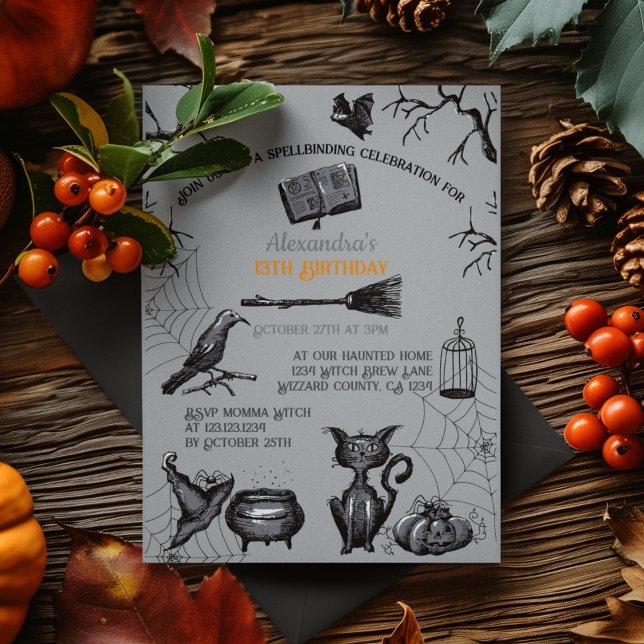 Convite Festa de aniversário de Halloween Spellbinding Spo (Spooky Kids Halloween Party Invitation. Creepy Bats, Webs, Black Cat, Cauldron, Black Raven, Pumpkin)