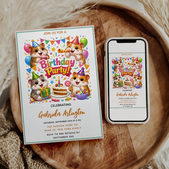 Convite Festa de Aniversário de Hamster Fofo | Hamster par (Cute Hamster Birthday Party | Kids Hamster Invitation
)