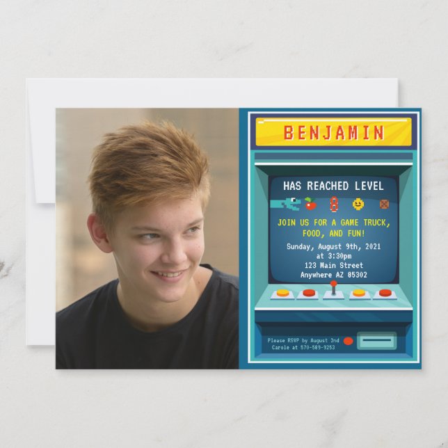 Convite Festa de aniversário de Imagens do Jogo de Arcade  (Frente)