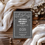 Convite Festa de aniversário de Impressão de Bandana Ocide<br><div class="desc">Jogue a festa perfeita para seu caubói favorito. Esses convites têm o estilo de uma bandana clássica em cinzas de carvão com sotaque preto e branco e estão prontos para serem personalizados com todos os detalhes do seu partido em letras brancas em negrito.</div>