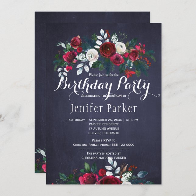 Convite Festa de aniversário de inverno de Chic Floral com (Frente/Verso)