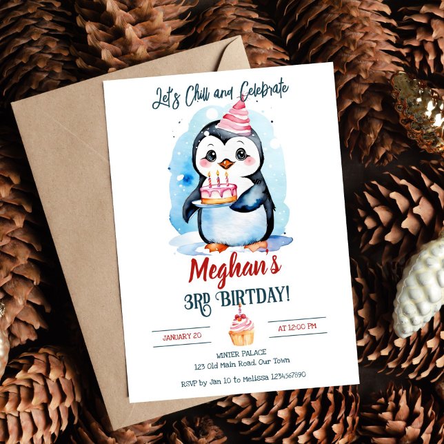 Convite Festa de aniversário de inverno de pinguins editáv (Cute Penguin with a cake winter birthday party editable template invitation digital download oneder)