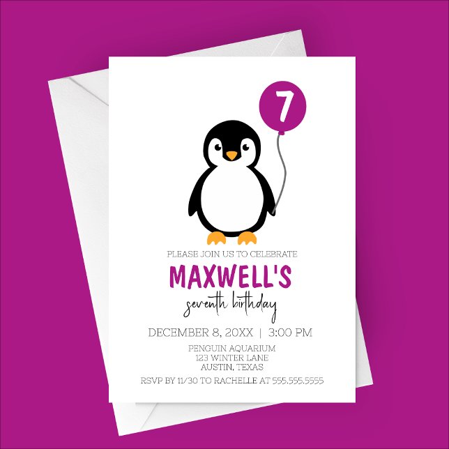 Convite Festa de aniversário de inverno do Pinguim Minimal (Purple Minimalist Penguin Winter Birthday Party Invitation)