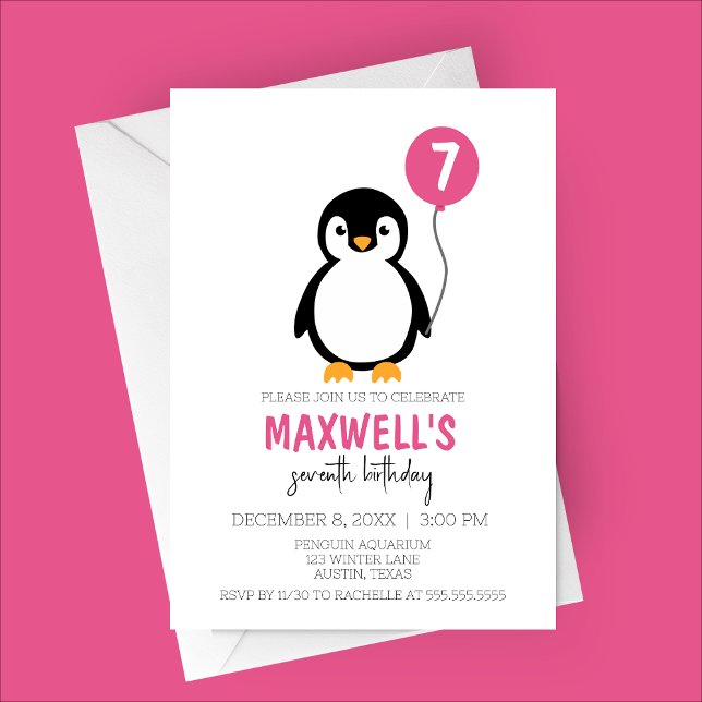 Convite Festa de aniversário de inverno do Pinguim Minimal (Pink Modern Minimalist Penguin Winter Birthday Party Invitation)