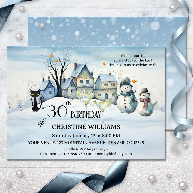 Convite Festa de aniversário de inverno para adultos artís (Adult winter birthday invitation featuring a watercolor snow covered landscape with a black cat)