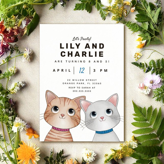 Convite Festa de aniversário de irmãos com dois gatinhos i (Criador carregado)