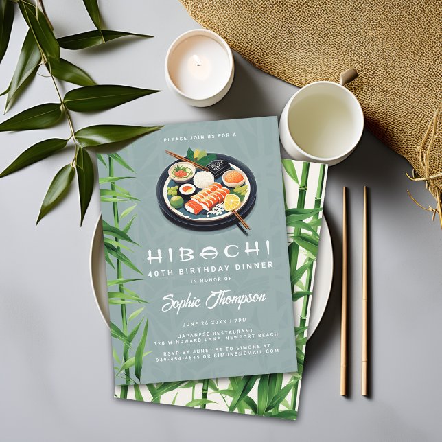 Convite Festa de aniversário de Janto de Tema Japonês Hiba (hibachi dinner party birthday invitation japanese theme soiree elegant modern adult any age formal)