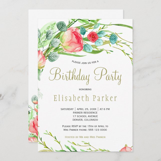 Convite Festa de aniversário de jardim de coral elegante (Frente/Verso)