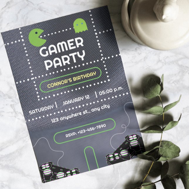 Convite Festa de aniversário de jogadores brancos e verdes (Green and White Gamer Birthday Party Invitation)