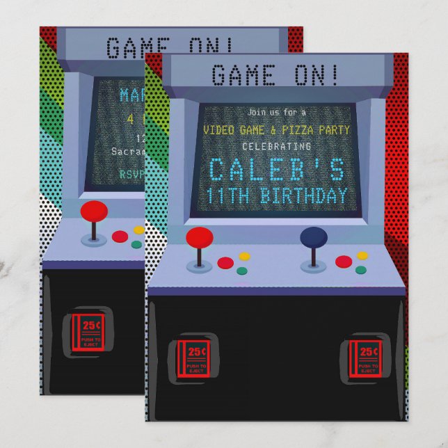 Convite Festa de Aniversário de Jogo de Vídeo Arcade (Frente/Verso)