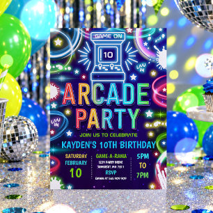 Convite Festa de Aniversário de Jogos de Arcade Retro Neon
