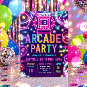 Convite Festa de Aniversário de Jogos de Arcade Retro Neon