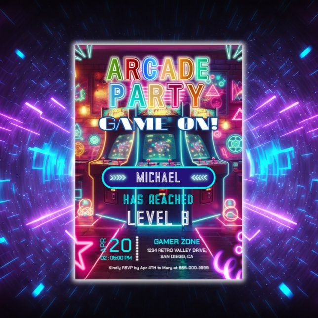 Convite Festa de aniversário de jogos neon retro para jogo (Neon Arcade Birthday Party Invitation)