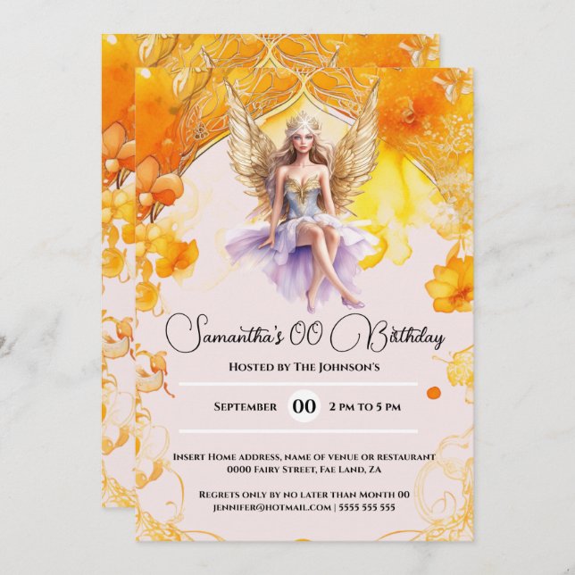 Convite Festa de aniversário de laranja de garotas elegant (Frente/Verso)