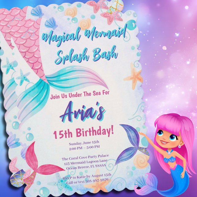 Convite Festa de aniversário de Largura da Sereia Mágica (Magical Mermaid Birthday Party Invitation)
